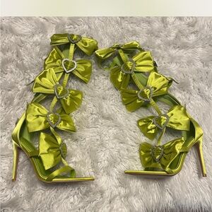 Cape Robbin Lime Green Satin Heels with Bow and Heart Details